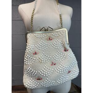 Vtg 1950s Big Scalloped Corde Bead Handbag Purse Pink Floral Chain Bead Strap